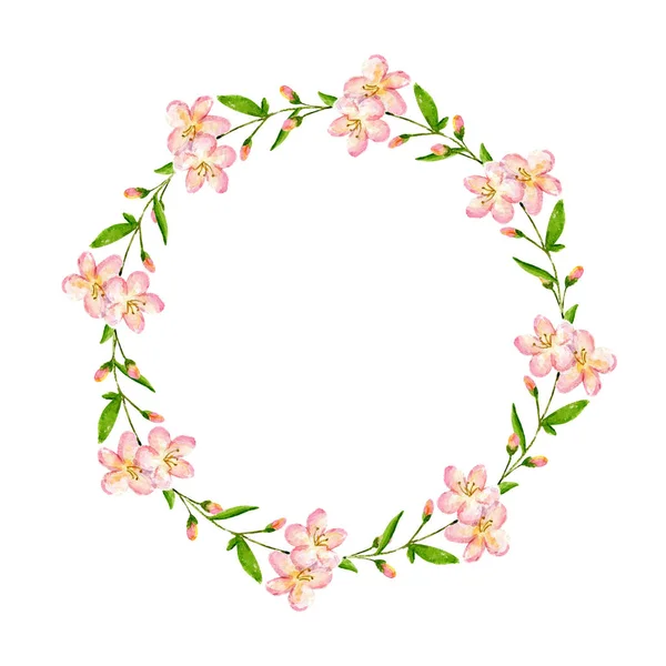 桜の花輪 水彩の花の背景 白い背景にコピースペースで隔離された繊細な春のイラスト 結婚式の招待状 バレンタインカード イースターカードに最適です — ストック写真