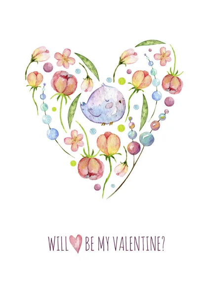 Watercolor cute heart with flowers and love bird. Heart silhouette isolated in the white background. Valentines day card. pale pink flowers, peonies, leaves, spring romantic concept. Copy space.