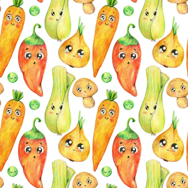 Hand drawn kawaii vegetables pattern. Cute food illustration isolated on white. Cartoon leek, champignon, carrot, pepper, peas, onion with cute faces. Eat healthy seamless pattern. Vegan kids menu.