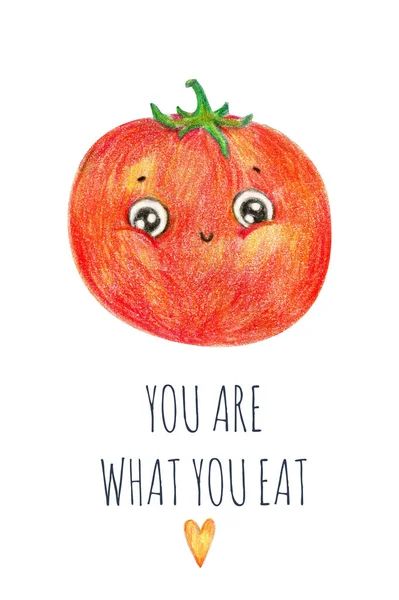 Hand drawn kawaii vegetables. Cute food illustration. Cartoon tomato with cute faces. Isolated on the white background. World vegan day greeting card. Eat healthy. You are what you eat.