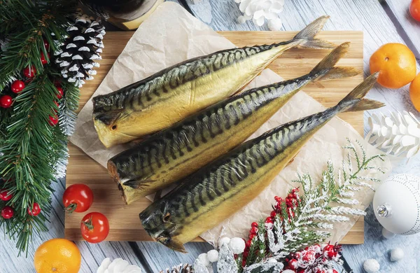 Neujahr Weihnachten Hintergrund Mit Fisch Und Meeresfrüchten Und Dekorationen — Stockfoto