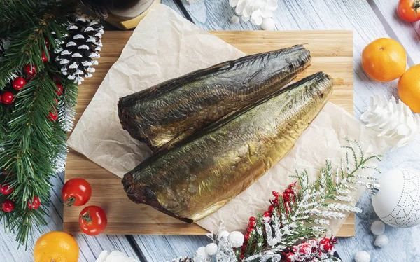 Neujahr Weihnachten Hintergrund Mit Fisch Und Meeresfrüchten Und Dekorationen — Stockfoto