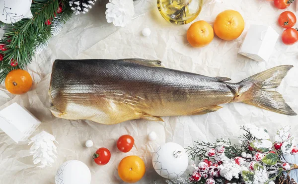 Neujahr Weihnachten Hintergrund Mit Fisch Und Meeresfrüchten Und Dekorationen — Stockfoto
