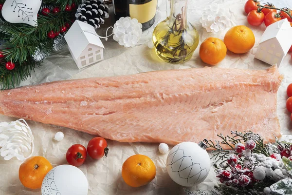 Neujahr Weihnachten Hintergrund Mit Fisch Und Meeresfrüchten Und Dekorationen — Stockfoto