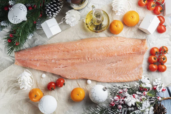 Neujahr Weihnachten Hintergrund Mit Fisch Und Meeresfrüchten Und Dekorationen — Stockfoto