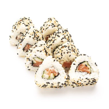 Beyaz arka planda deniz mahsulleri olan Japon suşisi...