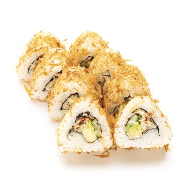 Beyaz arka planda deniz mahsulleri olan Japon suşisi...