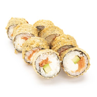 Beyaz arka planda deniz mahsulleri olan Japon suşisi...