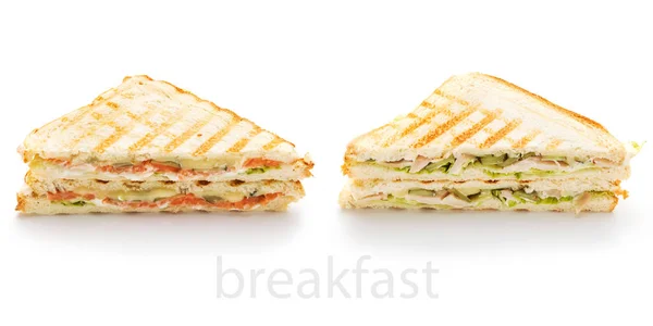 Dva Sendviče Bílém Pozadí Nápisem Snídaně Šedý Izolát — Stock fotografie