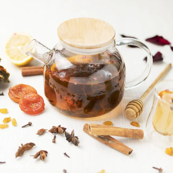 Glass Teapot Black Tea White Table Composition Spices Dried Fruits — Stock Photo, Image