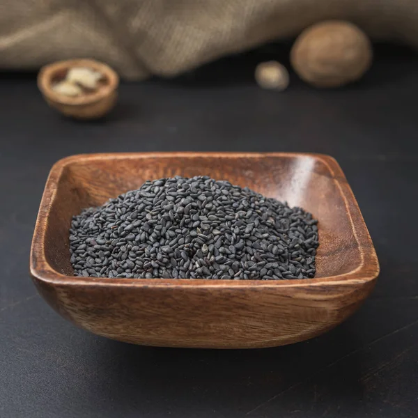 Spices Seasonings Grains Square Wooden Bowl Dark Background Burlap — Stock Photo, Image