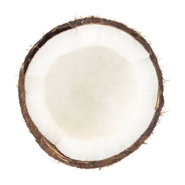 Beyaz arka planda açık et ve parçalarla kabuklu olgun hindistan cevizi izole et.