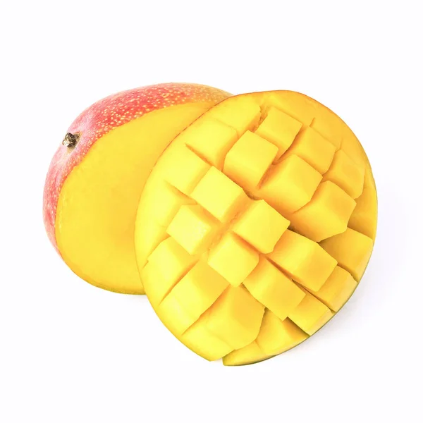 Reife Saftige Mango Auf Weißem Hintergrund Mit Einer Scheibe Würfel — Stockfoto