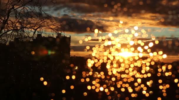 Regndroppar på glasfönster mot himlen under solnedgången - Rack fokus — Stockvideo