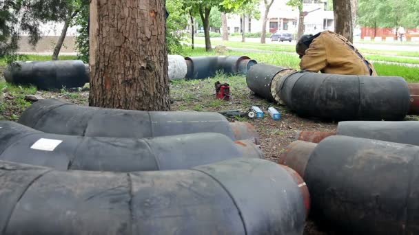 Metal Worker Welds Two Big Metal Pipes — Stock Video