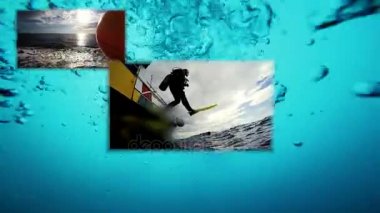 Scuba Diving kavramsal Multi ekran Video. Açık su dalış. Scuba Diver dalış tekneden atlama. Yüksek hızlı kamera çekim. Deniz yaşamı.