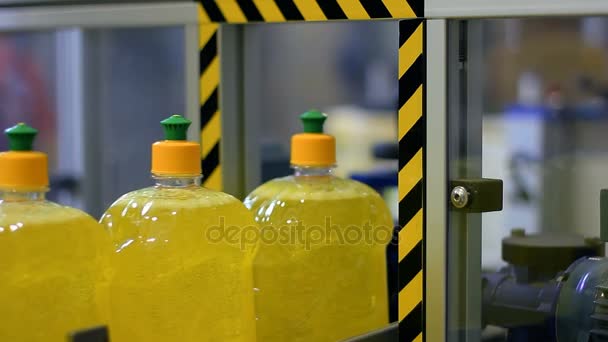 Liquid Detergent Production Line Plastic Bottles Move Conveyor Belt Manufacturing — Stock Video