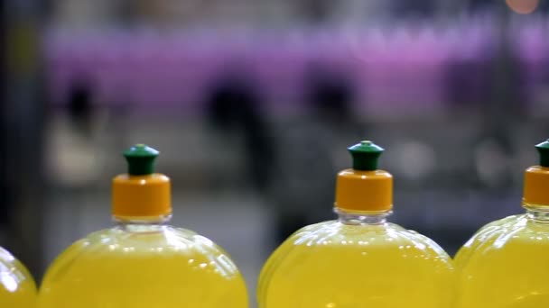 Dishwasher Detergent Production Line Plastic Bottles Move Conveyor Filled Liquid — Stock Video