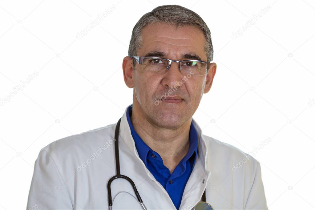 Middle Aged Doctor With Stethoscope Over White Background
