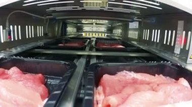 Vakum ambalaj makinesi et işleme tesisi içinde görünümden. Otomatik vakum et paketleme/sızdırmazlık modifiye atmosferde.