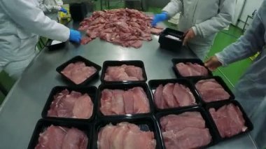 Taze et et fabrikasında paketleme fabrikası işçileri. Et gıda endüstrisinde işleme.