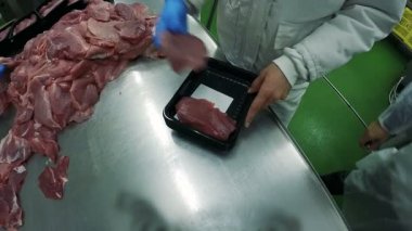 Ambalaj kutularında - yavaş hareket et dilimleri. Et fabrikasında taze çiğ domuz pirzolası. Et gıda endüstrisinde işleme.