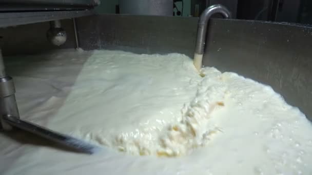 乳制品加工厂的乳制品巴氏杀菌 乳品厂保湿槽内的牛奶 慢速运动时将生奶倒入巴氏灭菌罐 奶类植物食物安全 — 图库视频影像