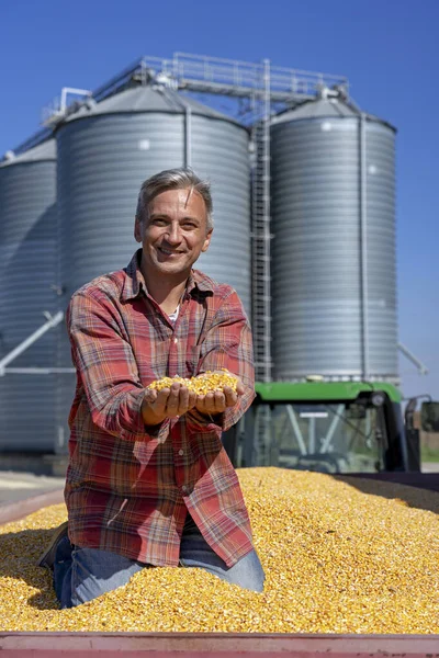 Fazendeiro de milho mostrando grãos de milho recém-colhidos contra o Silo de grãos — Fotografia de Stock