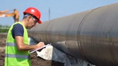 İnşaat alanındaki Petrokimyasal gaz boru hattını kontrol eden mühendis. Uzaklaş. Kırmızı Şapkalı İşçi Portresi ve Sarı Yelekli Pano. Sitede Radyo İletişim Aygıtı Kullanan İşçi.