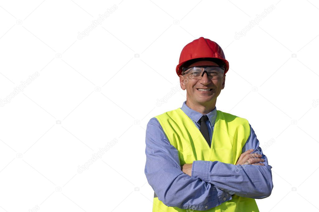 Smiling Mature Businessman or Engineer in Red Hardhat Over White Background