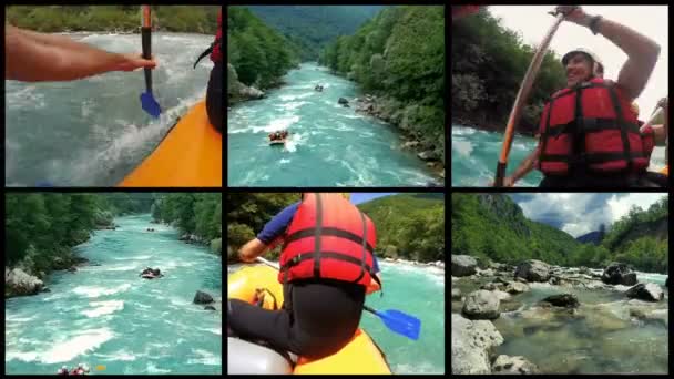 Gruppo Persone Rafting Sull Acqua Bianca Video Multi Schermo Concettuale — Video Stock