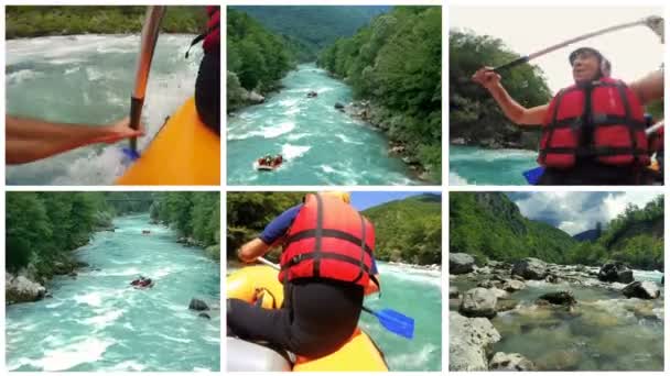 Grupa Ludzi Rafting Whitewater Rapids Multi Screen Video Montage Podekscytowany — Wideo stockowe