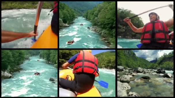 Whitewater Rafting Team Descending Raging Rapids Multi Screen Video Montage — стокове відео