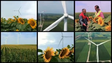 Yeşil Alandaki Rüzgar Türbini Çiftliği Yenilenebilir Enerji Çoklu Ekran Video Montajı. Şiddetli rüzgarlarda dönen dev rüzgar türbininin hava görüntüsü. Kırsal kesimde Rüzgar Türbinleri Elektrik Oluşturuyor.