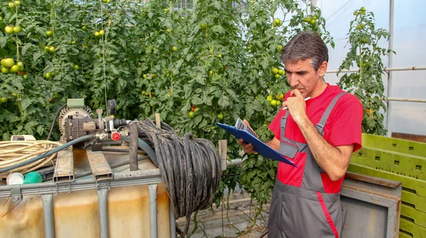 手にクリップボードと計算機で農家を考える 温室農業 温室で働いている男の肖像画 ポリトンネルでトマト栽培者 農業の問題 — ストック写真