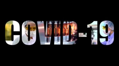 COVID-19 Metin Şekli Görüntü Efekti. COVID-19 Hareket Grafiği. İlaç fabrikasındaki tıbbi ampule ve ilaçların kurdeleleri üzerine şeffaf COVID-19 Metin.