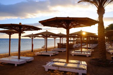 Plaj şemsiye ve şezlong sahilde Hurghada, Mısır