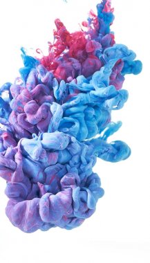 Kırmızı ve mavi boya sıçrama. Suda mürekkep