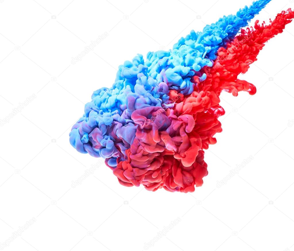 splash of red and blue paint. Ink in water