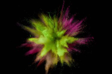Renkli barut patlaması. Arka planda soyut yakın çekim tozu. Renkli bir patlama. Boya deliği