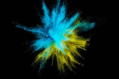 Renkli barut patlaması. Arka planda soyut yakın çekim tozu. Renkli bir patlama. Boya deliği