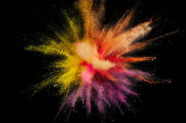 Renkli barut patlaması. Arka planda soyut yakın çekim tozu. Renkli bir patlama. Boya deliği