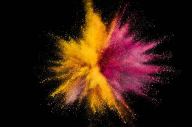 Renkli barut patlaması. Arka planda soyut yakın çekim tozu. Renkli bir patlama. Boya deliği
