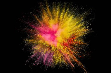 Renkli barut patlaması. Arka planda soyut yakın çekim tozu. Renkli bir patlama. Boya deliği