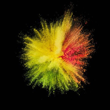 Renkli barut patlaması. Arka planda soyut yakın çekim tozu. Renkli bir patlama. Boya deliği