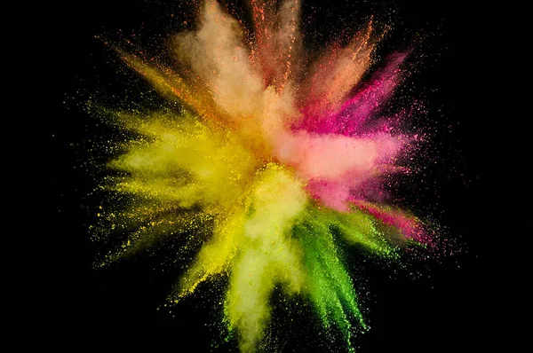 Gekleurde Kruitexplosie Abstract Close Stof Achtergrond Kleurrijke Ontploffen Verf Holi — Stockfoto