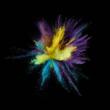 Renkli barut patlaması. Arka planda soyut yakın çekim tozu. Renkli bir patlama. Boya deliği