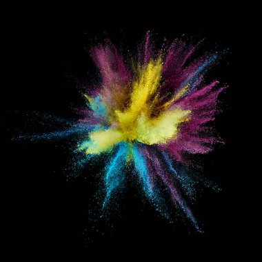 Renkli barut patlaması. Arka planda soyut yakın çekim tozu. Renkli bir patlama. Boya deliği