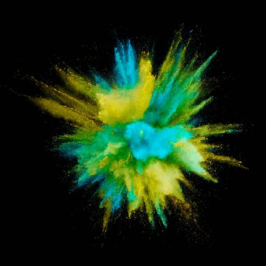 Renkli barut patlaması. Arka planda soyut yakın çekim tozu. Renkli bir patlama. Boya deliği