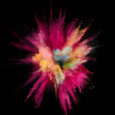 Renkli barut patlaması. Arka planda soyut yakın çekim tozu. Renkli bir patlama. Boya deliği